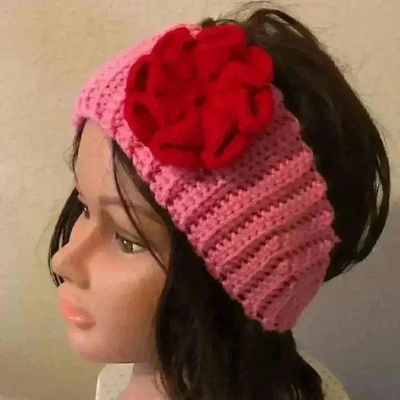 Handmade crocheted pink headwrap with red flower - Picture 2 of 5